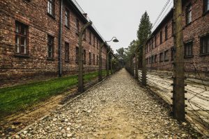 Barb wire fences around Auschwitz in Poland